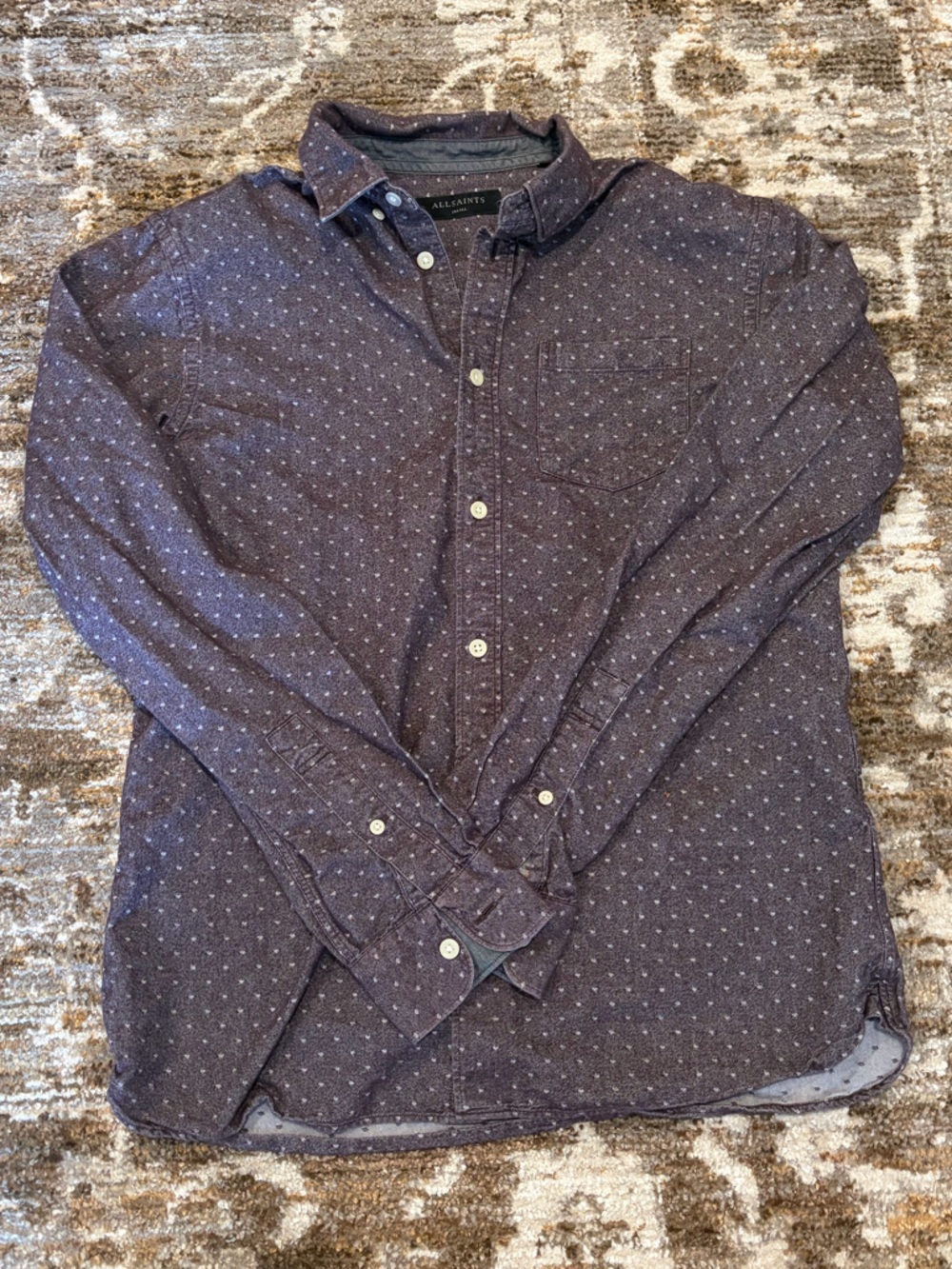 All Saints Navy Dotted Casual Button-Down Shirt size small